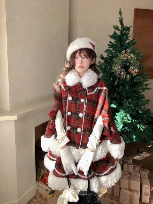 阮阮自制 - "Snowberry Dream" Plaid Cape Wool Blend Two-Piece Winter Set