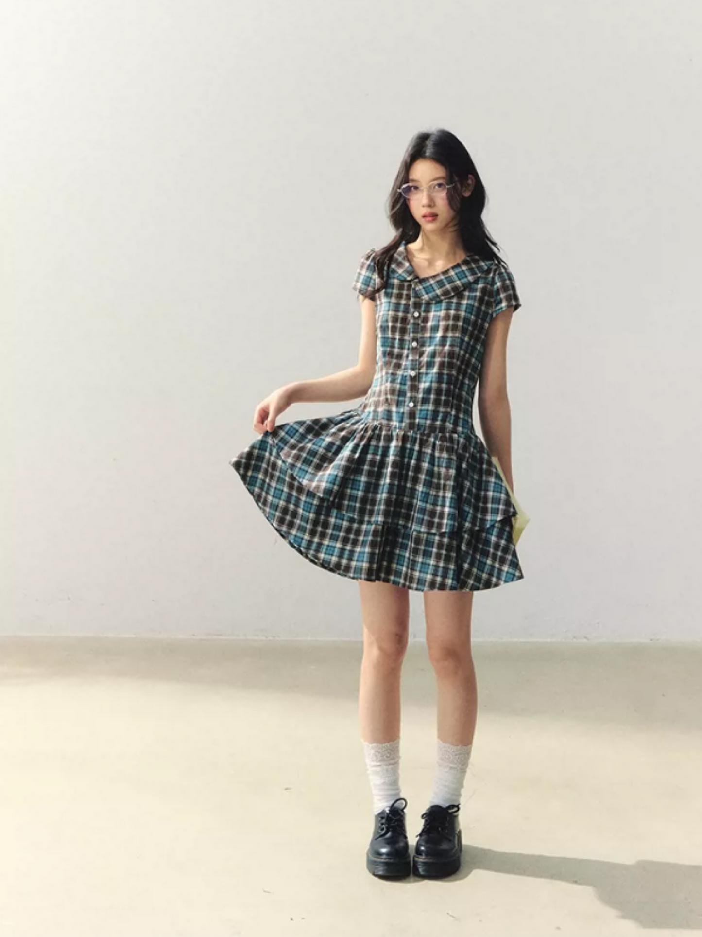 "Pine Chestnut Mint" Asymmetric Collar Plaid Dress LL2026034