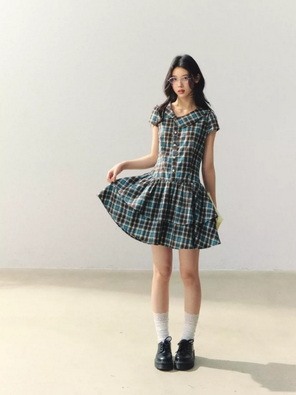 "Pine Chestnut Mint" Asymmetric Collar Plaid Dress LL2026034