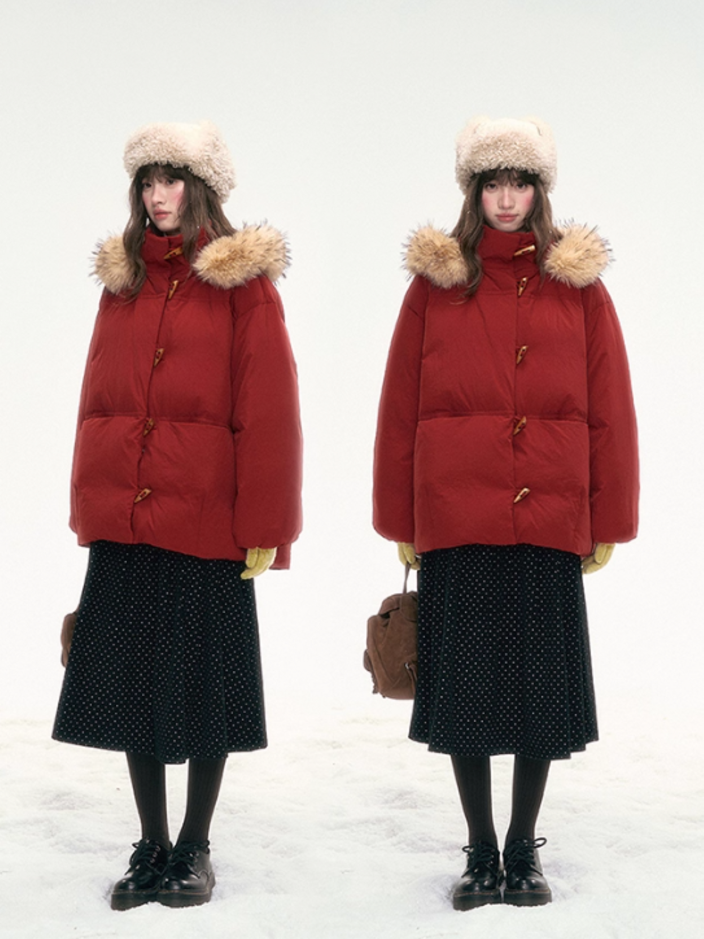 “Redwood Reverie” Festive Red Duffle-Hood Down Jacket LL2025317