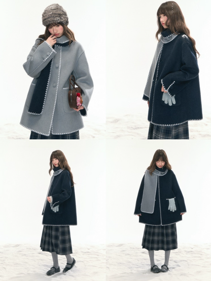 "Morning Verse & Night Poem" Reversible Wool Two-Tone Overcoat - Deep Blue × Light Blue LL2025455
