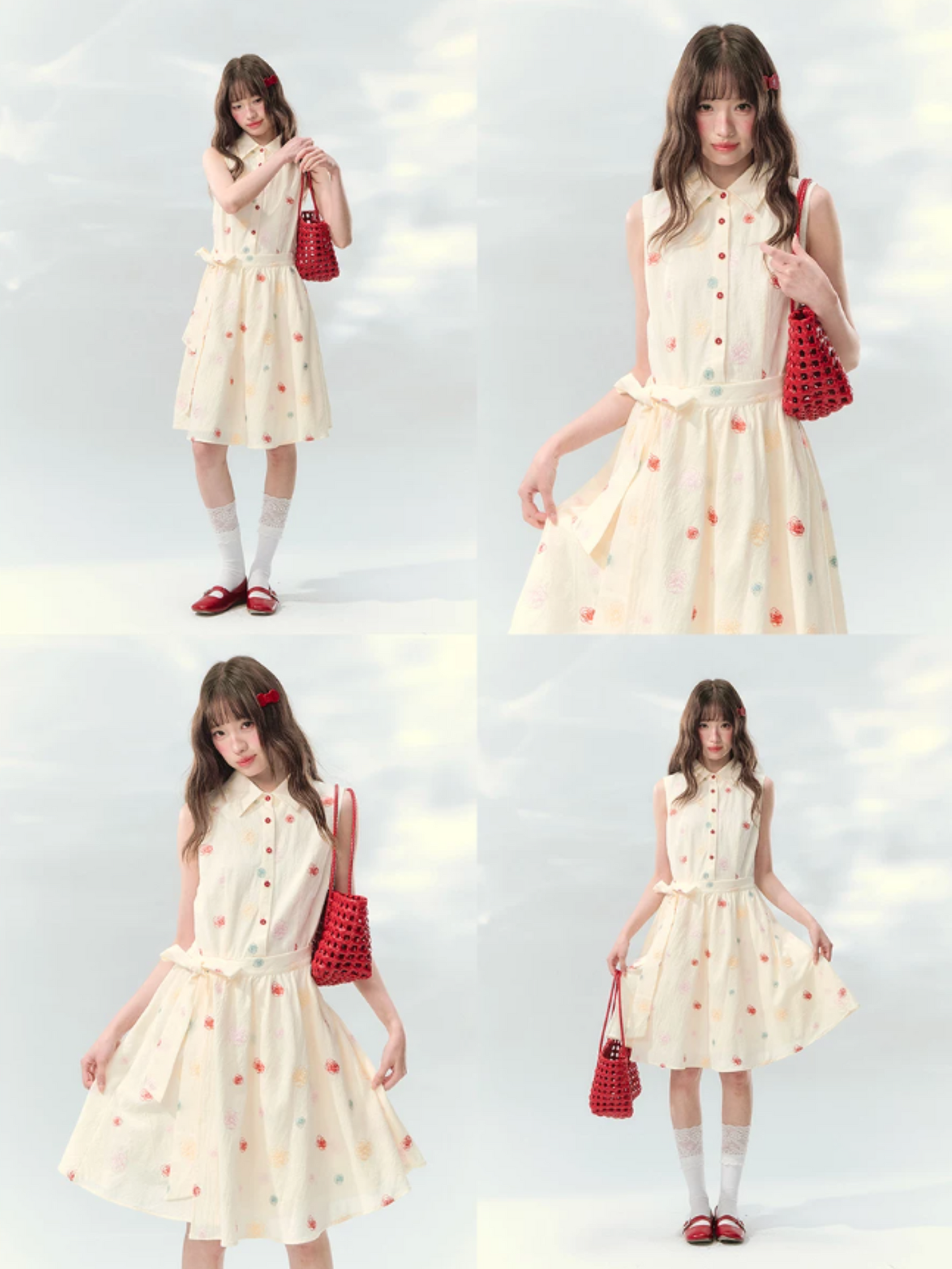 “Twin Bloom Letters” Cream Rose Embroidered Shirt Dress LL2026139