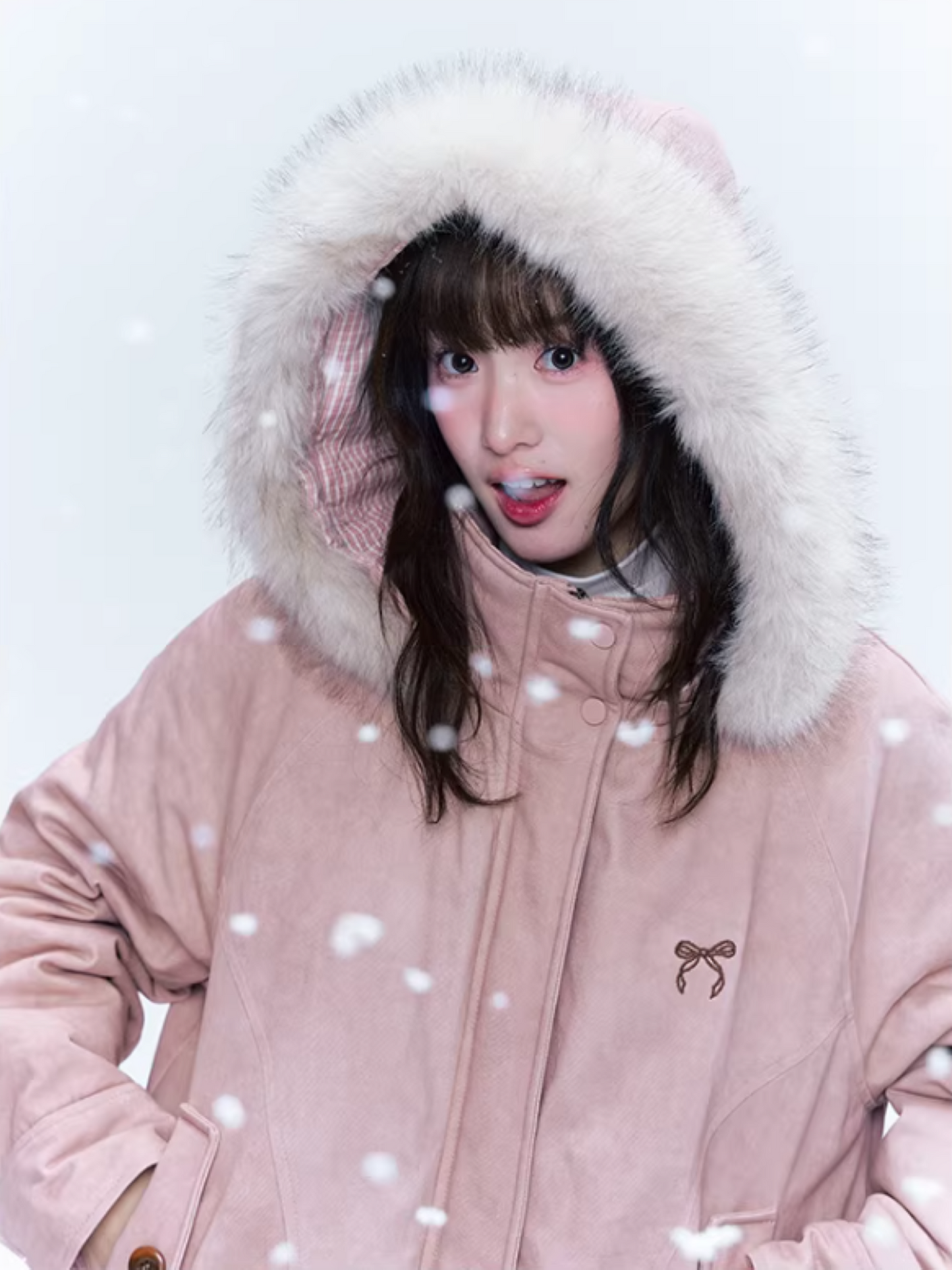 CREAMO2奶油氧气 - Misty Pink Sweet-Cool Detachable Fur-Trim Hooded Puffer Jacket
