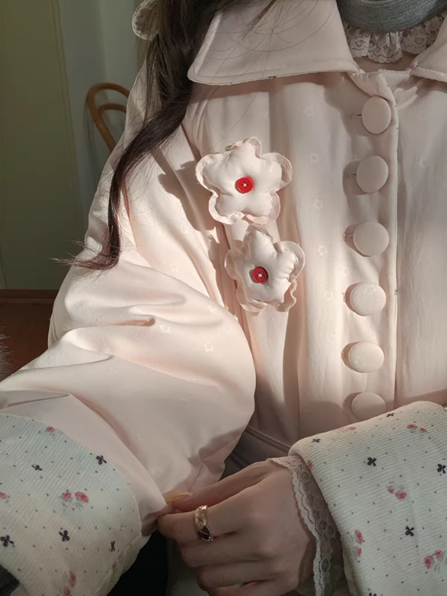 阮阮自制 - Honey Blossom Blush Floral Long Puffer Jacket
