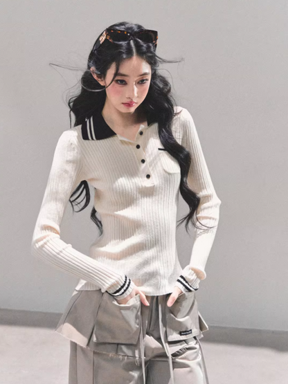 "温蒂的信" Classic Polo Collar Knit Top - White