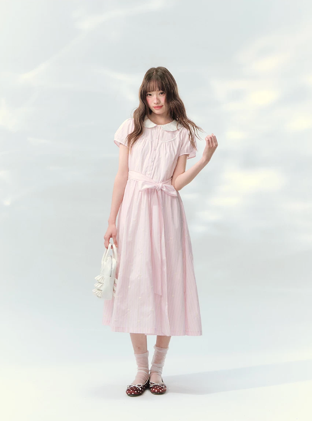 “Pink Mist Soufflé” Blush Pink Embroidered Doll Collar Dress