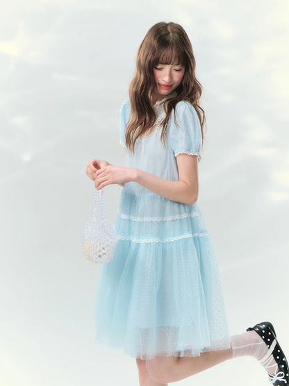 “Ice Blue Polka Dream” Blue Polka Dot Tiered Mini Dress