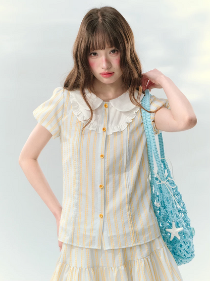“Spring Lemon Breeze” Milk Blue Striped Shirt & Tiered Mini Skirt Set