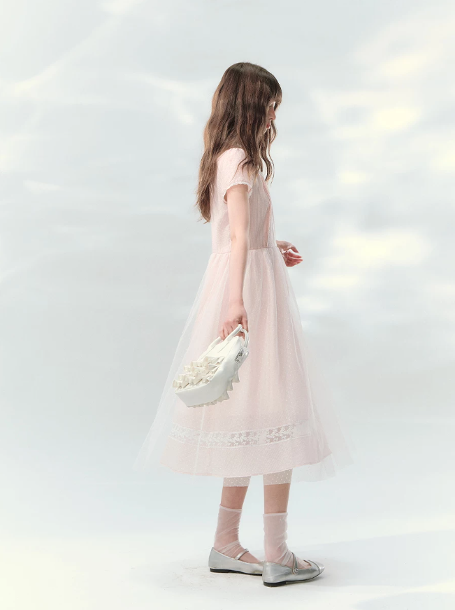“Peach Bubble Romance” Pink Polka Dot Lace Midi Dress