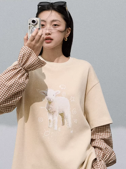 OAKMOO - "Pastoral Lamb Mood" Layered Gingham Sweatshirt – Beige Milk Tea 25Q457