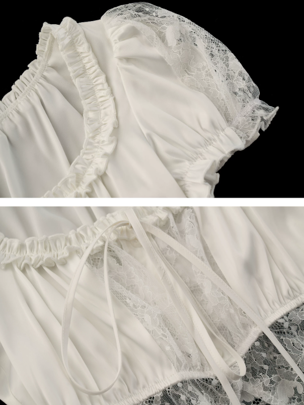 "French Lace Mood" Square Neck Puff Sleeve Top WE953
