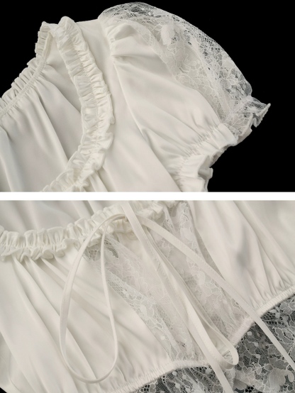 "French Lace Mood" Square Neck Puff Sleeve Top WE953