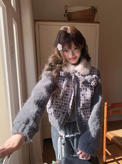 阮阮自制 - "Mist Isle Sakura" Faux-Layered Plaid Fur-Collar Puffer Jacket