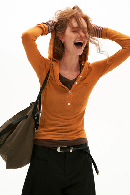 MAMC - Layered Hooded Henley Long Sleeve Top (Grey/ Orange)