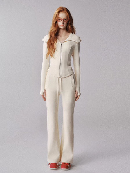 "心动极好" Cat-Ear Cropped Hoodie Two-Piece Set (Crisp White)