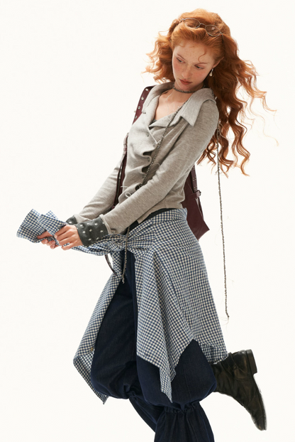 MAMC - Gray Star-Print Layered Polo Collar Long Sleeve Top