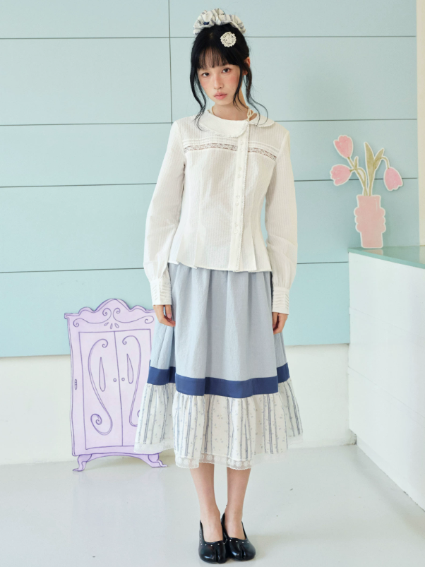 DAILY ARTIST - Light Blue Color-Block Floral Lace-Trim A-Line Skirt