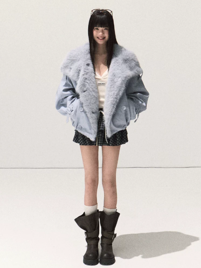 OAKMOO/ Iris Vine Blue Faux Fur Collar Cropped Parka Jacket