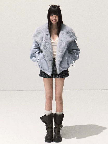 OAKMOO/ Iris Vine Blue Faux Fur Collar Cropped Parka Jacket