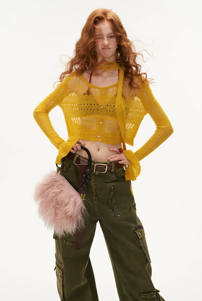 MAMC - Wide-Neck Cutout Cropped Knit Cardigan (Black / Yellow / Beige / Plaid Bra)