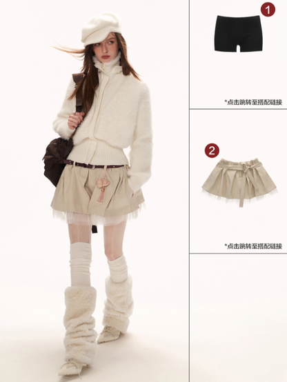 MAMC - White Wing-Detail Turtleneck Zip-Up Knit Sweater WE914