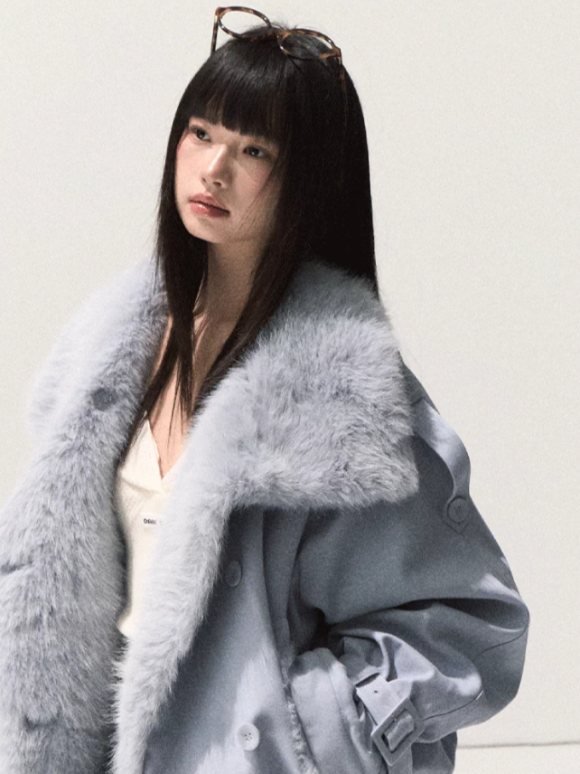 OAKMOO/ Iris Vine Blue Faux Fur Collar Cropped Parka Jacket