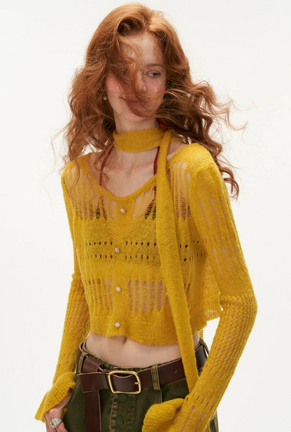 MAMC - Wide-Neck Cutout Cropped Knit Cardigan (Black / Yellow / Beige / Plaid Bra)