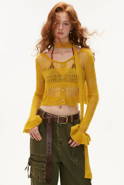 MAMC - Wide-Neck Cutout Cropped Knit Cardigan (Black / Yellow / Beige / Plaid Bra)