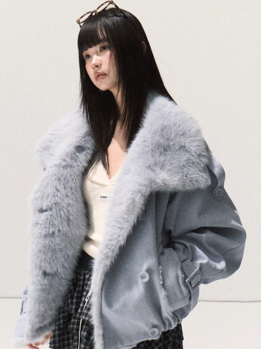 OAKMOO/ Iris Vine Blue Faux Fur Collar Cropped Parka Jacket