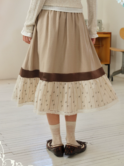 DAILY ARTIST - Tea Brown Color-Block Floral Lace-Trim A-Line Skirt
