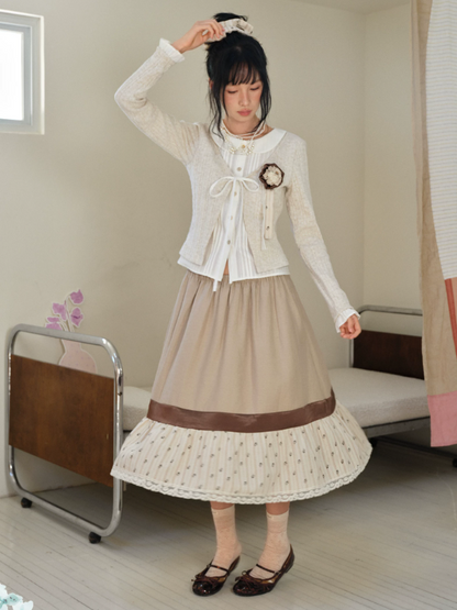 DAILY ARTIST - Tea Brown Color-Block Floral Lace-Trim A-Line Skirt