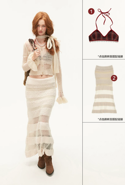 MAMC - Wide-Neck Cutout Cropped Knit Cardigan (Black / Yellow / Beige / Plaid Bra)