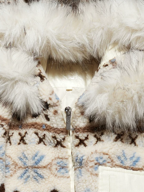 OAKMOO/ Warm Ivory Fair Isle Jacquard Hooded Jacket with Detachable Faux Fur Collar