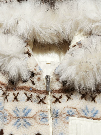OAKMOO/ Warm Ivory Fair Isle Jacquard Hooded Jacket with Detachable Faux Fur Collar