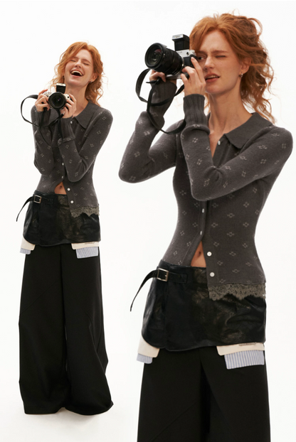 MAMC - Lace Muse Fitted Knit Cardigan (Gray / Ivory)