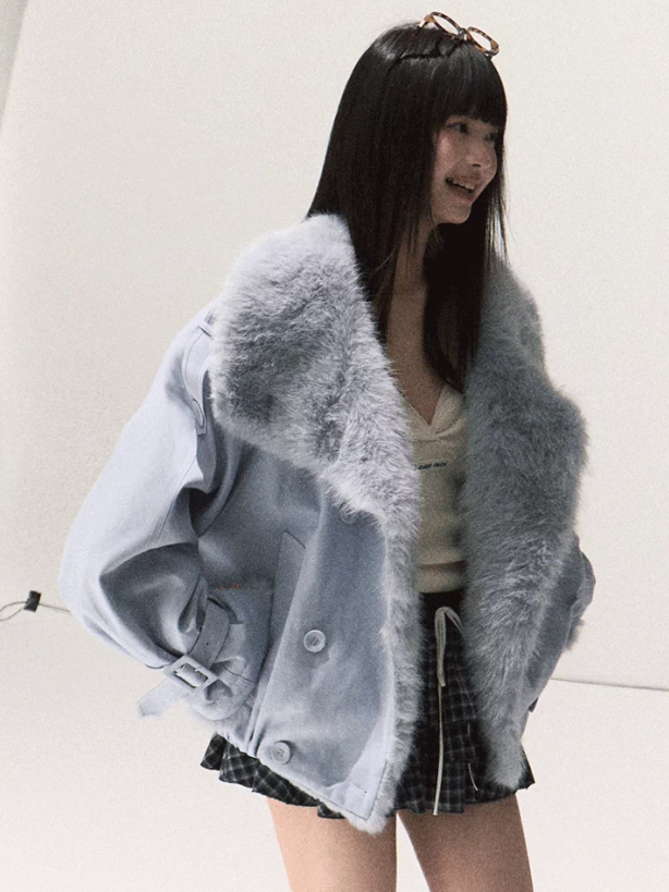 OAKMOO/ Iris Vine Blue Faux Fur Collar Cropped Parka Jacket