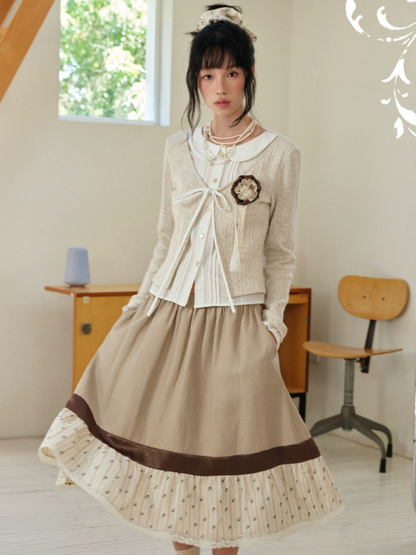 DAILY ARTIST - Tea Brown Color-Block Floral Lace-Trim A-Line Skirt