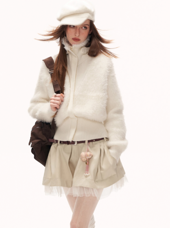 MAMC - White Wing-Detail Turtleneck Zip-Up Knit Sweater WE914