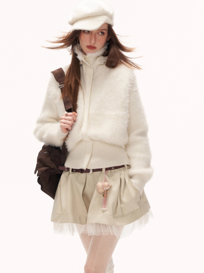 MAMC - White Wing-Detail Turtleneck Zip-Up Knit Sweater WE914