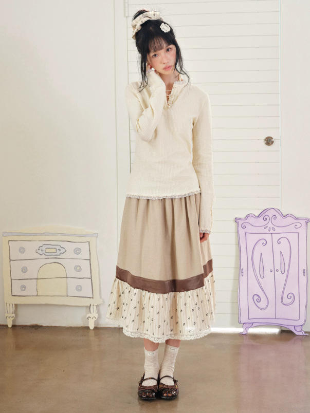 DAILY ARTIST - Tea Brown Color-Block Floral Lace-Trim A-Line Skirt