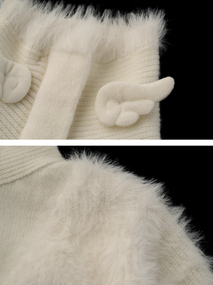 MAMC - White Wing-Detail Turtleneck Zip-Up Knit Sweater WE914