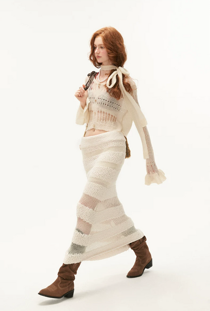 MAMC - Wide-Neck Cutout Cropped Knit Cardigan (Black / Yellow / Beige / Plaid Bra)
