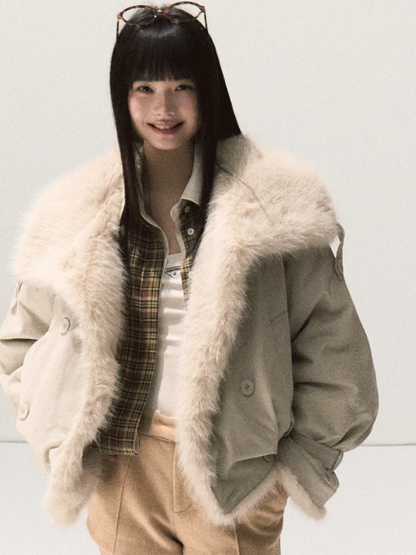 OAKMOO/ Silver Snowgrass White Faux Fur Collar Cropped Parka Jacket