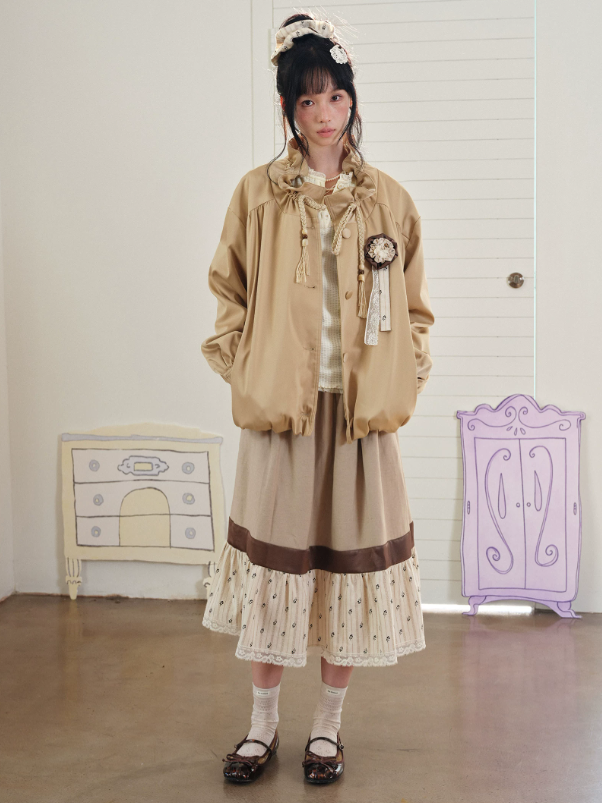 DAILY ARTIST - Tea Brown Color-Block Floral Lace-Trim A-Line Skirt