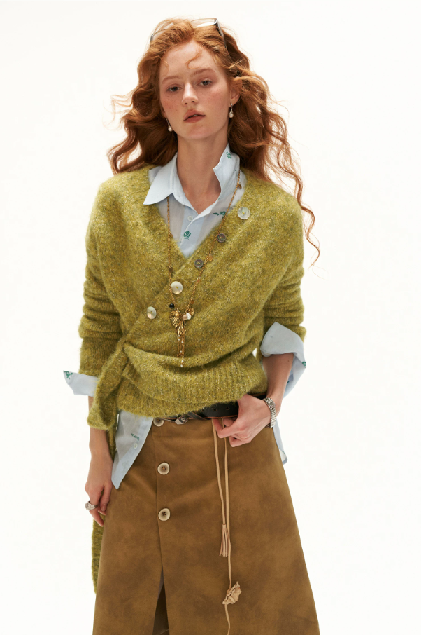 MAMC - Green Textured Wrap Cardigan with Shell Buttons