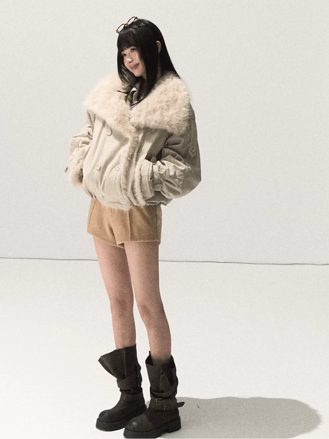 OAKMOO/ Silver Snowgrass White Faux Fur Collar Cropped Parka Jacket