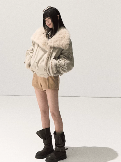 OAKMOO/ Silver Snowgrass White Faux Fur Collar Cropped Parka Jacket