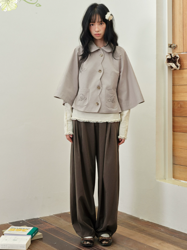 DAILY ARTIST - Taupe Brown Rose Embroidered Cape-Sleeve Jacket