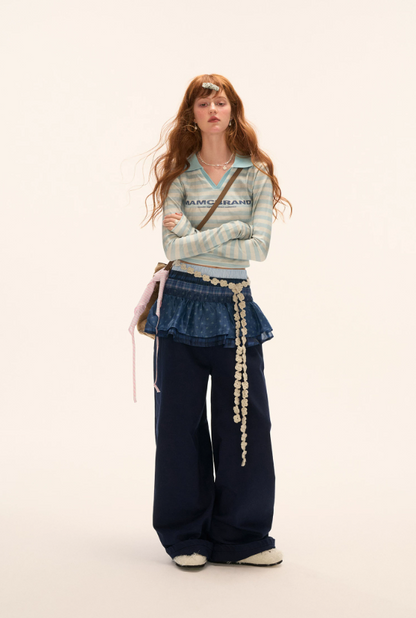 MAMC - Vintage Striped Long Sleeve Polo T-Shirt (Blue Stripes)