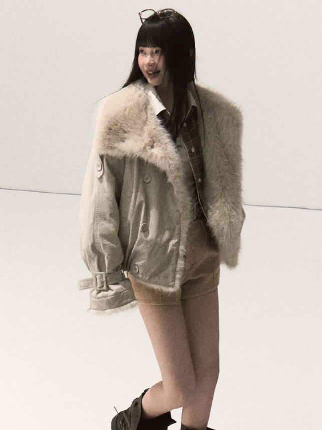 OAKMOO/ Silver Snowgrass White Faux Fur Collar Cropped Parka Jacket